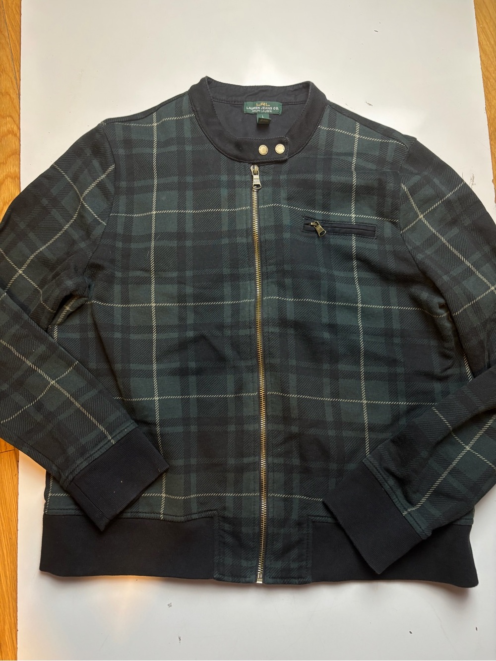 Lauren Ralph Lauren black watch plaid knit bomber jacket